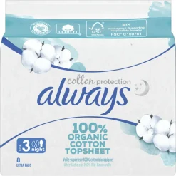 Always Maandverband Bio Cotton Protection Ultra Night met Vleugels 8 stuks