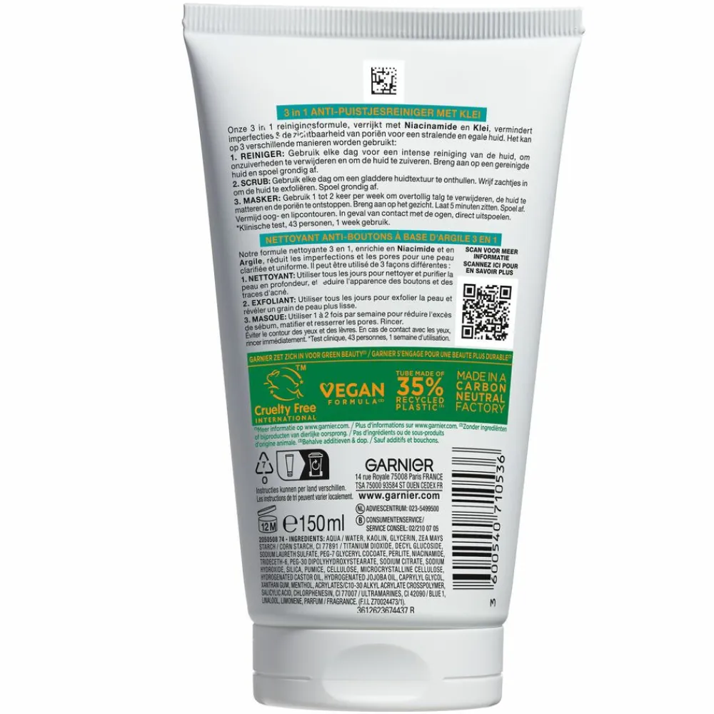 Garnier PureActive 3-in-1 Gezichtsreiniging met Klei 150 ml