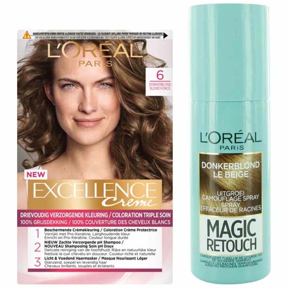 LOréal L'Oréal Excellence Creme 6 Donker Blond + Magic Retouch Uitgroeispray Donkerblond 75 ml Pakket