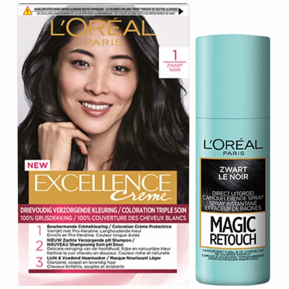 LOréal L'Oréal Excellence Creme 1 Zwart + Magic Retouch Uitgroeispray Zwart 75 ml Pakket