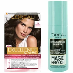 LOréal L'Oréal Excellence Crèmekleuring 3 Donkerbruin 1x & Magic Retouch Uitgroeispray Bruin 1x 75 ml Pakket